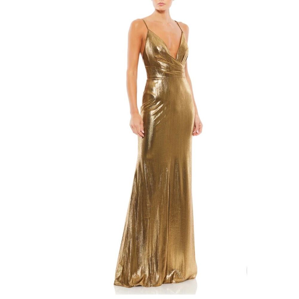 Mac Duggal Gold Sleeveless Gown with Plunge Neckline